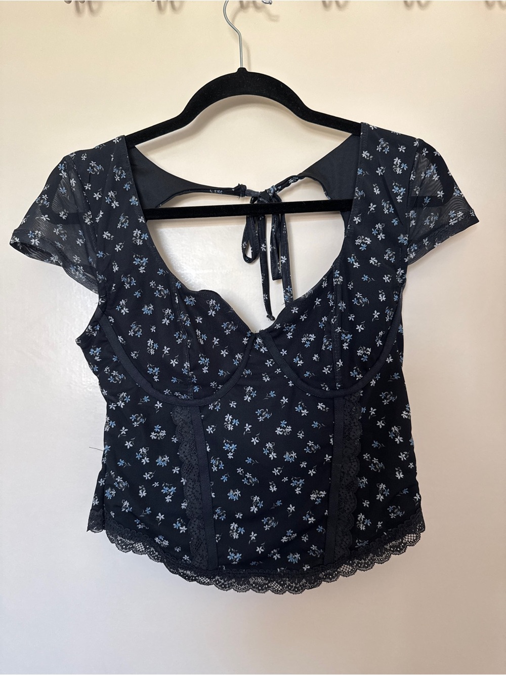 Hippie Rose Black Ditsy Floral Corset Mesh Top XL NWT
